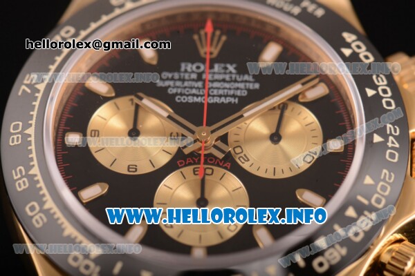 Rolex Daytona Chrono Swiss Valjoux 7750 Automatic Yellow Gold Case with Ceramic Bezel Rubber Strap and Black Dial - Stick Markers (BP) - Click Image to Close
