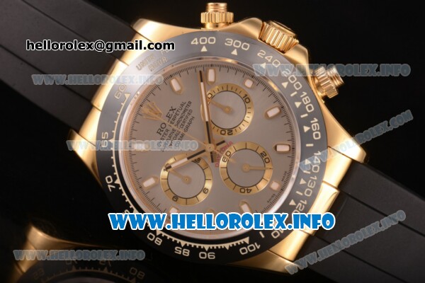 Rolex Daytona Chrono Swiss Valjoux 7750 Automatic Yellow Gold Case with Ceramic Bezel Rubber Strap and Silver Dial - Stick Markers (BP) - Click Image to Close