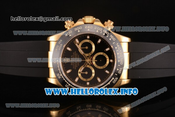 Rolex Daytona Chrono Swiss Valjoux 7750 Automatic Yellow Gold Case with Ceramic Bezel Black Rubber Strap and Stick Markers (BP) - Click Image to Close