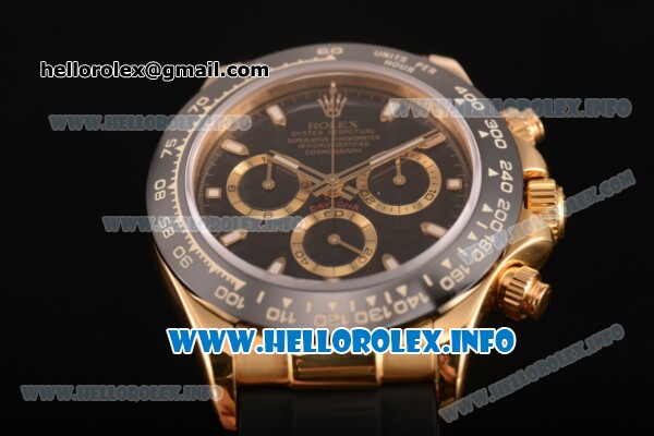 Rolex Daytona Chrono Swiss Valjoux 7750 Automatic Yellow Gold Case with Ceramic Bezel Black Rubber Strap and Stick Markers (BP) - Click Image to Close