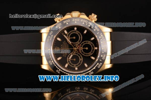 Rolex Daytona Chrono Swiss Valjoux 7750 Automatic Yellow Gold Case with Ceramic Bezel Rubber Strap and Black Dial (BP) - Click Image to Close