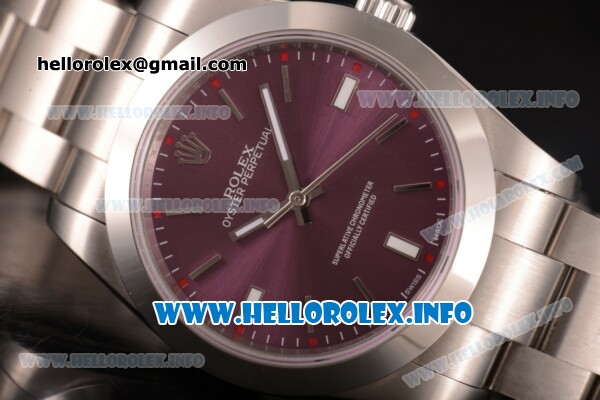 Rolex Oyster Perpetual Air King Swiss ETA 2824 Automatic Full Steel with Red Grape Dial and Silver Stick Markers - Click Image to Close