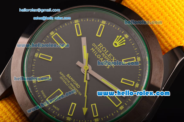 Rolex Milgauss SE Stealth Yellow Asia 2813 Automatic PVD Case Yellow Nylon Strap with Black Dial Yellow Stick Markers - Click Image to Close