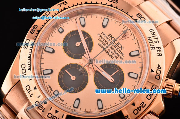 Rolex Daytona Chronograph Swiss Valjoux 7750-SHG Automatic Rose Gold Case with Rose Gold Dial and White Stick Markers - Click Image to Close