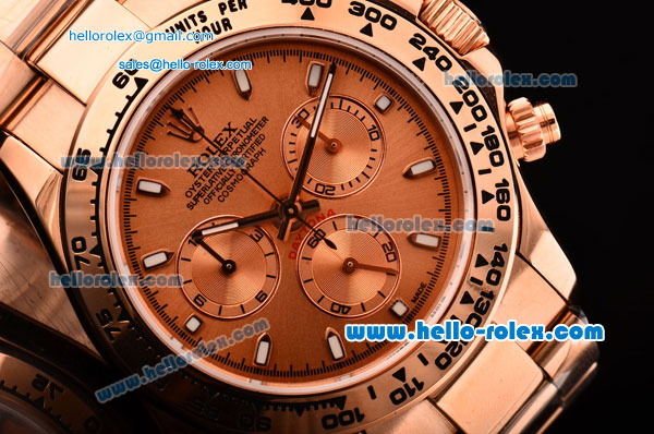 Rolex Daytona Chronograph Swiss Valjoux 7750-SHG Automatic Rose Gold Case with Stick Markers and Rose Gold Strap - Click Image to Close