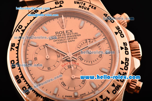 Rolex Daytona Chronograph Swiss Valjoux 7750-SHG Automatic Rose Gold Case with Stick Markers and Rose Gold Strap - Click Image to Close