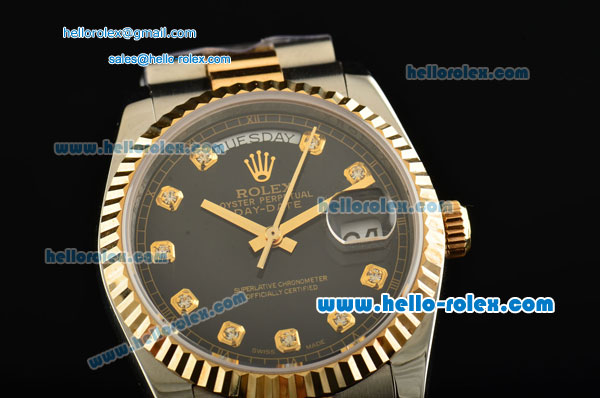 Rolex Day-Date Rolex 3156 Automatic Steel Case with Two Tone Strap Black Dial and Diamond Markers - Click Image to Close