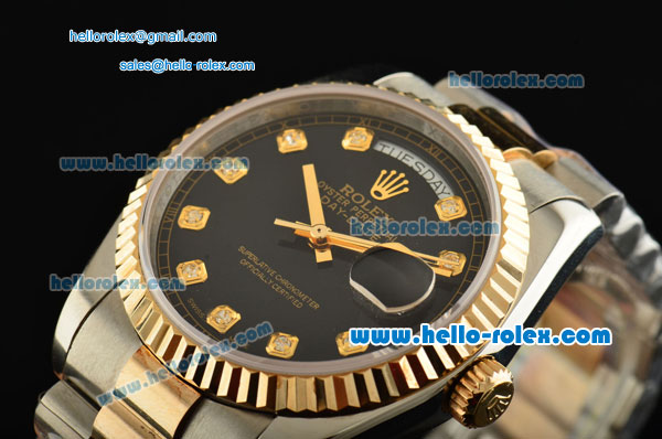 Rolex Day-Date Rolex 3156 Automatic Steel Case with Two Tone Strap Black Dial and Diamond Markers - Click Image to Close