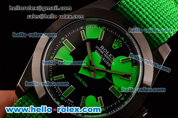 Rolex Milgauss "I lover you" Bamford Editon Green Asia 2813 Automatic PVD Case Green Nylon Strap with Black Dial Green Stick Markers - Click Image to Close