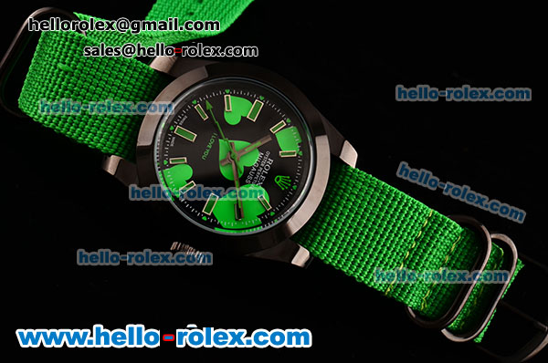 Rolex Milgauss "I lover you" Bamford Editon Green Asia 2813 Automatic PVD Case Green Nylon Strap with Black Dial Green Stick Markers - Click Image to Close