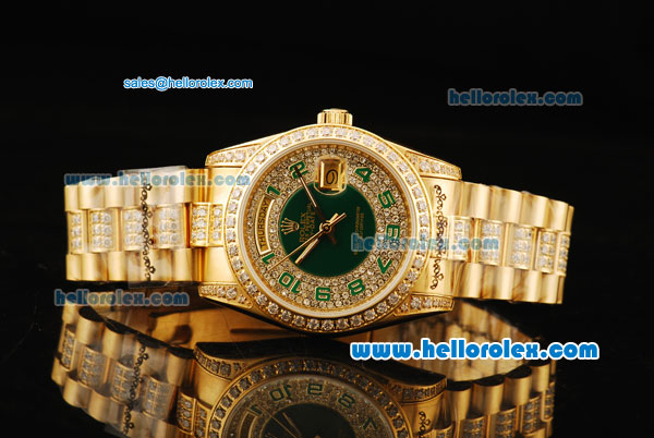 Rolex Day-Date Automatic Full Gold with Green Dial and Diamond Bezel/Strap - Click Image to Close