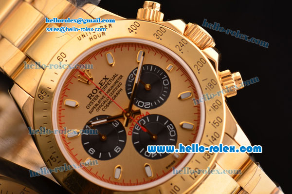 Rolex Daytona Chronograph Swiss Valjoux 7750-SHG Automatic Full Gold Case with Stick Markers Gold Dial and Black Subdials - Click Image to Close