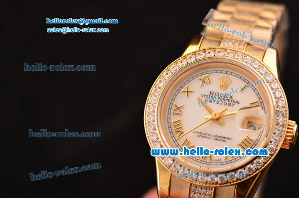 Rolex Datejust Swiss ETA 2671 Automatic Gold Case with White Dial Diamond Bezel and Roman Numeral Markers-Lady Size - Click Image to Close