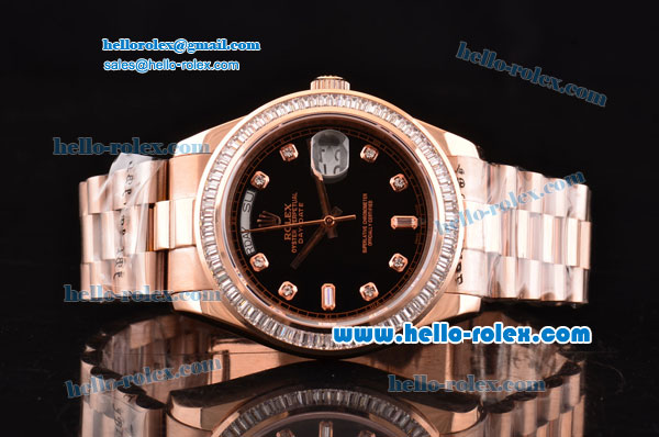 Rolex Day Date II Swiss ETA 2836 Automatic Rose Gold Case with Diamond Markers Black Dial and Diamond Bezel - Click Image to Close