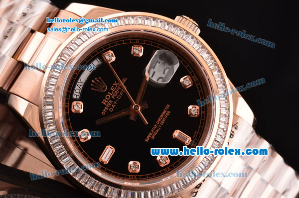 Rolex Day Date II Swiss ETA 2836 Automatic Rose Gold Case with Diamond Markers Black Dial and Diamond Bezel - Click Image to Close