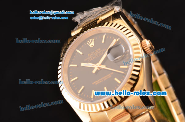 Rolex Datejust Swiss ETA 2836 Automatic Yellow Gold Case with Stick Markers and Black Dial - Click Image to Close