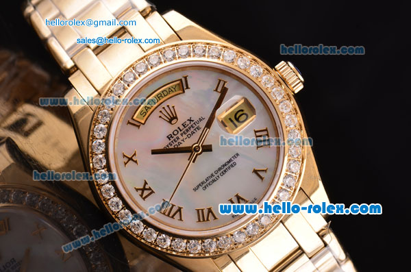 Rolex Day-Date Masterpiece 2813 Automatic Gold Case with White MOP Dial Diamond Bezel and Roman Numeral Markers ETA Coating - Click Image to Close