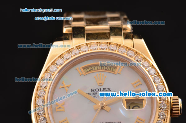 Rolex Day-Date Masterpiece 2813 Automatic Gold Case with White MOP Dial Diamond Bezel and Roman Numeral Markers ETA Coating - Click Image to Close
