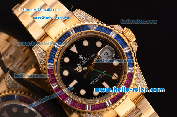 Rolex GMT-Master II Swiss ETA 2836 Automatic Gold Case with Colorful Diamond Bezel Black Dial and Yellow Gold Strap - Click Image to Close
