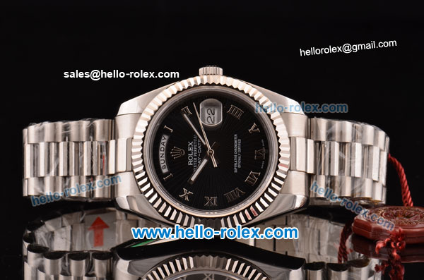 Rolex Day-Date II Swiss ETA 2836 Automatic Steel Case with Silver Markers and Black Dial - Click Image to Close