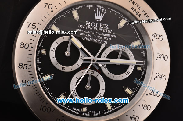 Rolex Daytona Wall Clock Miyota Quartz Steel Case with Black Dial - Stick Markers - Click Image to Close