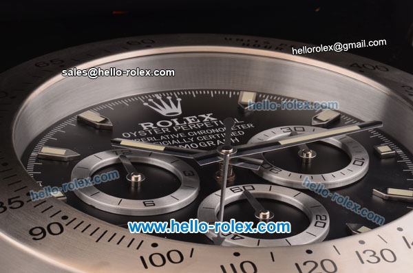 Rolex Daytona Wall Clock Miyota Quartz Steel Case with Black Dial - Stick Markers - Click Image to Close