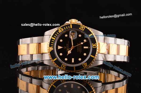 Rolex Submarine Swiss ETA 2836 Automatic Two Tone Case/Strap with White Markers Black Dial and Black Bezel - Click Image to Close