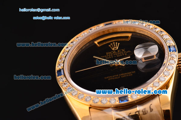 Rolex Day-Date 2813 Automatic Gold Case with Diamond Bezel Black Dial and Yellow Gold Strap - Click Image to Close