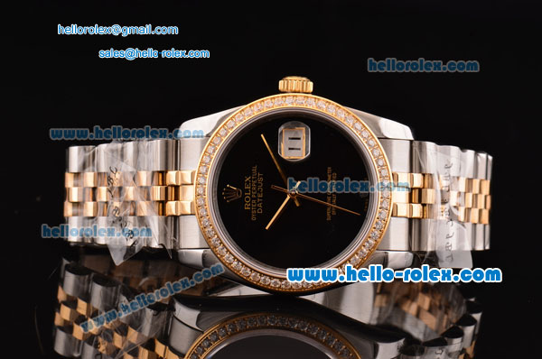 Rolex Datejust 2813 Automatic Two Tone Case with Diamond Bezel and Black Dial ETA Coating - Click Image to Close