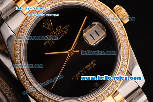 Rolex Datejust 2813 Automatic Two Tone Case with Diamond Bezel and Black Dial ETA Coating - Click Image to Close