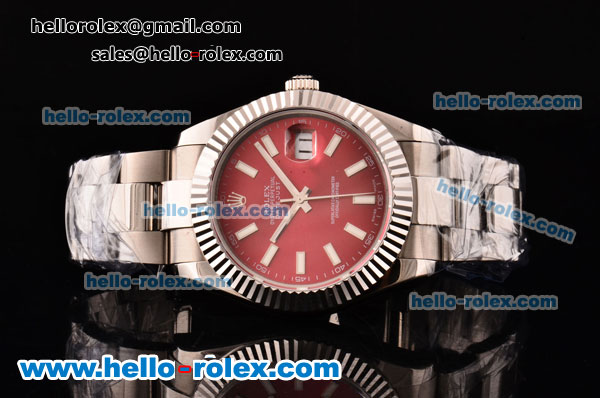 Rolex Datejust II Asia 2813 Automatic Steel Case with Red Dial and Stick Markers - ETA Coating Super LumiNova - Click Image to Close