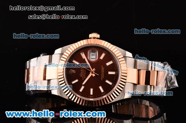 Rolex Datejust II Asia 2813 Automatic Two Tone Case with Brown Dial and White Stick Markers - ETA Coating Super LumiNova - Click Image to Close