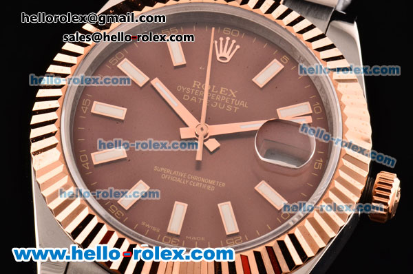Rolex Datejust II Asia 2813 Automatic Two Tone Case with Brown Dial and White Stick Markers - ETA Coating Super LumiNova - Click Image to Close