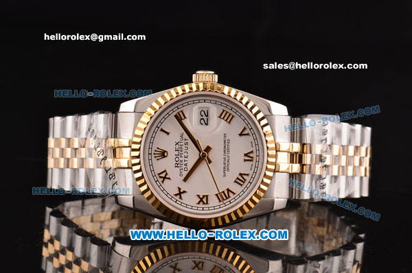 Rolex Datejust Asia 2813 Automatic Stainless Steel Case Gold Bezel with Two Tone Strap and White Dial - ETA Coating - Click Image to Close