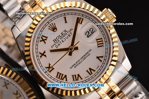 Rolex Datejust Asia 2813 Automatic Stainless Steel Case Gold Bezel with Two Tone Strap and White Dial - ETA Coating - Click Image to Close