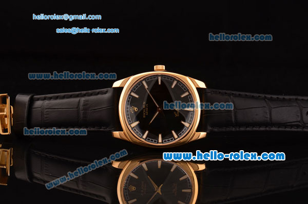 Rolex Cellini Danaos Swiss Quartz Yellow Gold Case with Black Leather Strap Black Dial Stick Markers - Click Image to Close