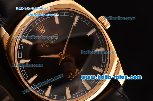 Rolex Cellini Danaos Swiss Quartz Yellow Gold Case with Black Leather Strap Black Dial Stick Markers - Click Image to Close