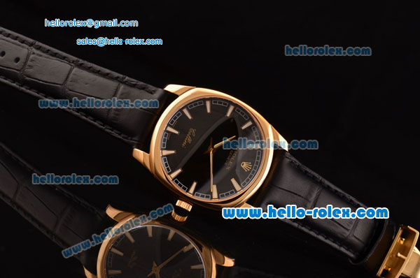 Rolex Cellini Danaos Swiss Quartz Yellow Gold Case with Black Leather Strap Black Dial Stick Markers - Click Image to Close