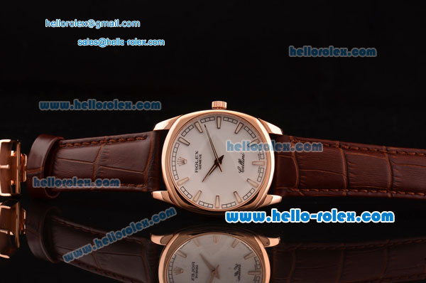 Rolex Cellini Danaos Swiss Quartz Rose Gold Case with Brown Leather Strap White Dial Stick Markers - Click Image to Close
