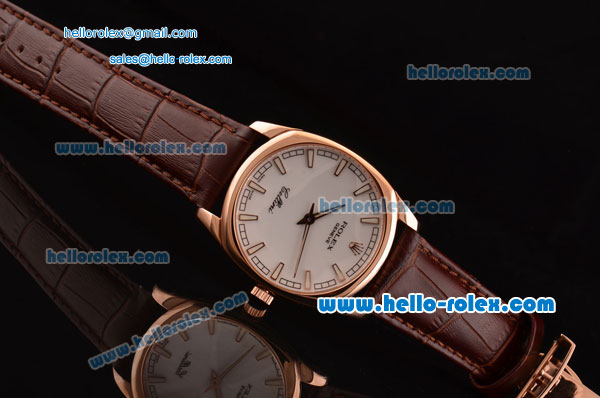 Rolex Cellini Danaos Swiss Quartz Rose Gold Case with Brown Leather Strap White Dial Stick Markers - Click Image to Close