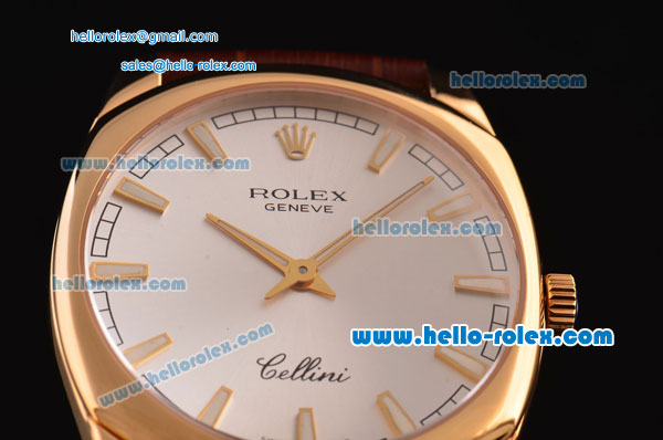 Rolex Cellini Danaos Swiss Quartz Yellow Gold Case with Brown Leather Strap White Dial Stick Markers - Click Image to Close