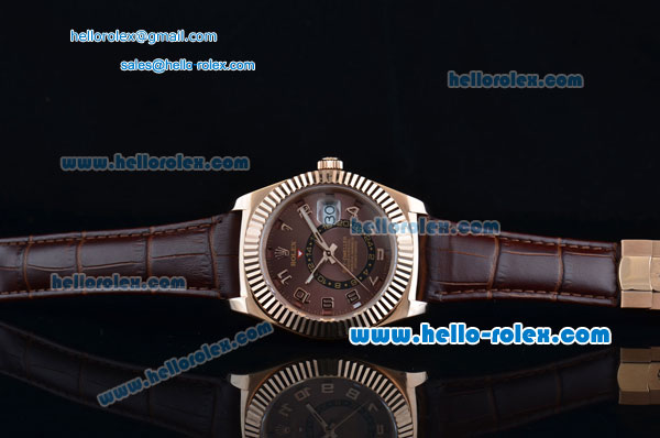 Rolex Sky-Dweller Asia 2813 Automatic Rose Gold Case with Brown Leather Strap and Brown Dial - Click Image to Close