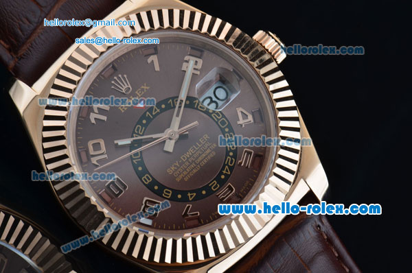 Rolex Sky-Dweller Asia 2813 Automatic Rose Gold Case with Brown Leather Strap and Brown Dial - Click Image to Close