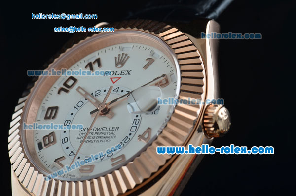 Rolex Sky-Dweller Asia 2813 Automatic Rose Gold Case Numeral Markerswith Black Leather Strap and White Dial - Click Image to Close