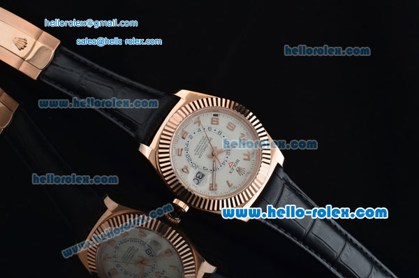 Rolex Sky-Dweller Asia 2813 Automatic Rose Gold Case Numeral Markerswith Black Leather Strap and White Dial - Click Image to Close