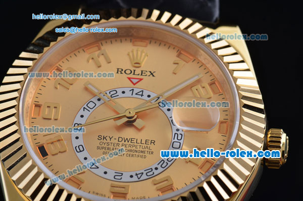 Rolex Sky-Dweller Asia 2813 Automatic Gold Case Numeral Markers with Black Leather Strap and Yellow Dial - Click Image to Close