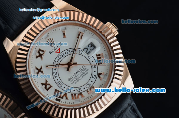 Rolex Sky-Dweller Asia 2813 Automatic Rose Gold Case with Black Leather Strap and White Dial Roman Markers - Click Image to Close