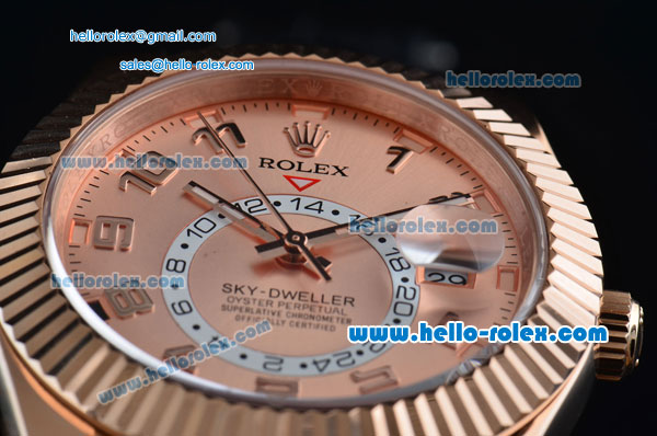 Rolex Sky-Dweller Asia 2813 Automatic Rose Gold Case with Black Leather Strap and Pink Dial Numberal Markers - Click Image to Close