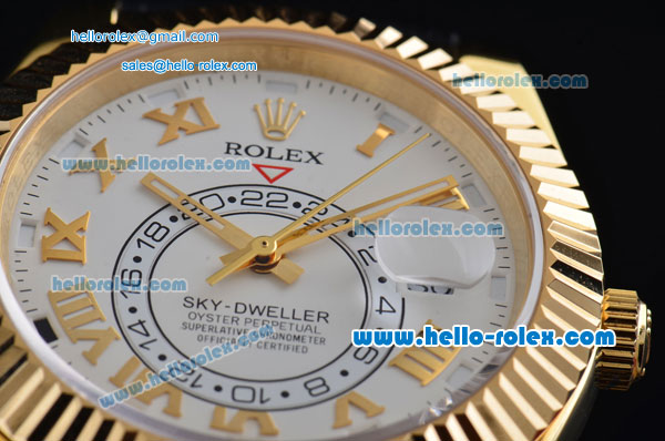 Rolex Sky-Dweller Asia 2813 Automatic Gold Case Roman Markers with Black Leather Strap and White Dial - Click Image to Close