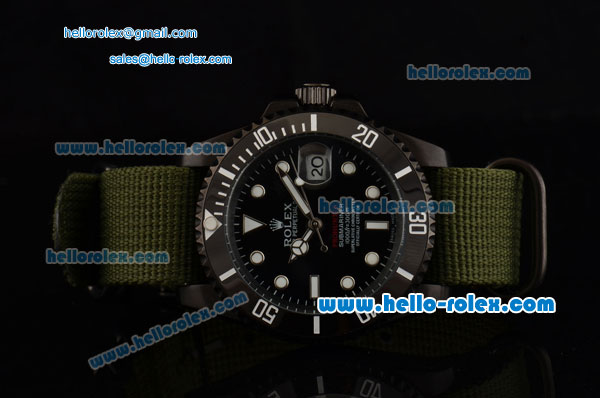 Rolex Submariner Asia 2813 Automatic PVD Case with Green Nylon Strap and Black Dial Stick Markers - Click Image to Close